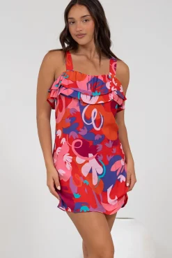 Brinley Mini Dress - Adjustable Strap Dress with Frill Layer Overlay on Bodice in Talina Print>Salty Crush Hot