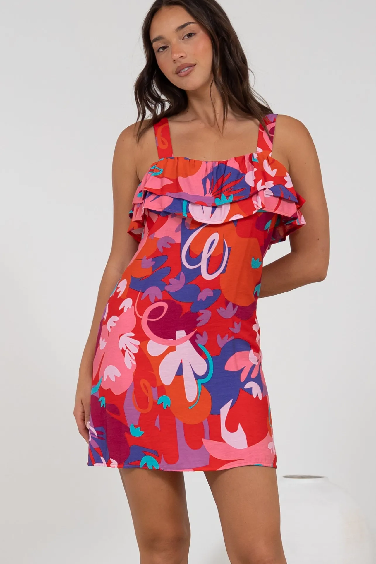 Brinley Mini Dress - Adjustable Strap Dress with Frill Layer Overlay on Bodice in Talina Print>Salty Crush Hot