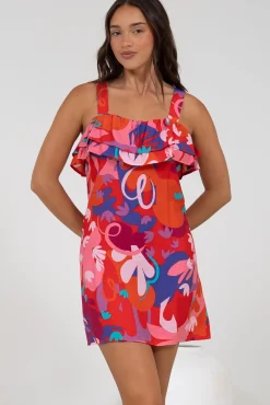 Brinley Mini Dress - Adjustable Strap Dress with Frill Layer Overlay on Bodice in Talina Print><noscript><img width=