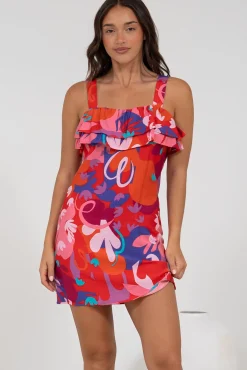 Brinley Mini Dress - Adjustable Strap Dress with Frill Layer Overlay on Bodice in Talina Print><noscript><img width=