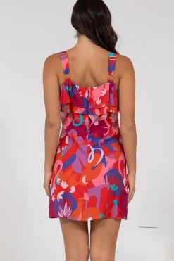 Brinley Mini Dress - Adjustable Strap Dress with Frill Layer Overlay on Bodice in Talina Print><noscript><img width=