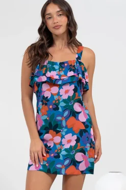 Brinley Mini Dress - Adjustable Strap Dress with Frill Layer Overlay on Bodice in Florabelle Print>Salty Crush Best