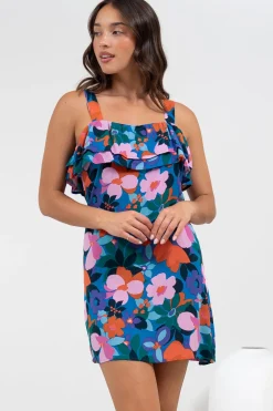 Brinley Mini Dress - Adjustable Strap Dress with Frill Layer Overlay on Bodice in Florabelle Print><noscript><img width=