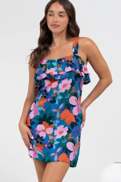 Brinley Mini Dress - Adjustable Strap Dress with Frill Layer Overlay on Bodice in Florabelle Print><noscript><img width=