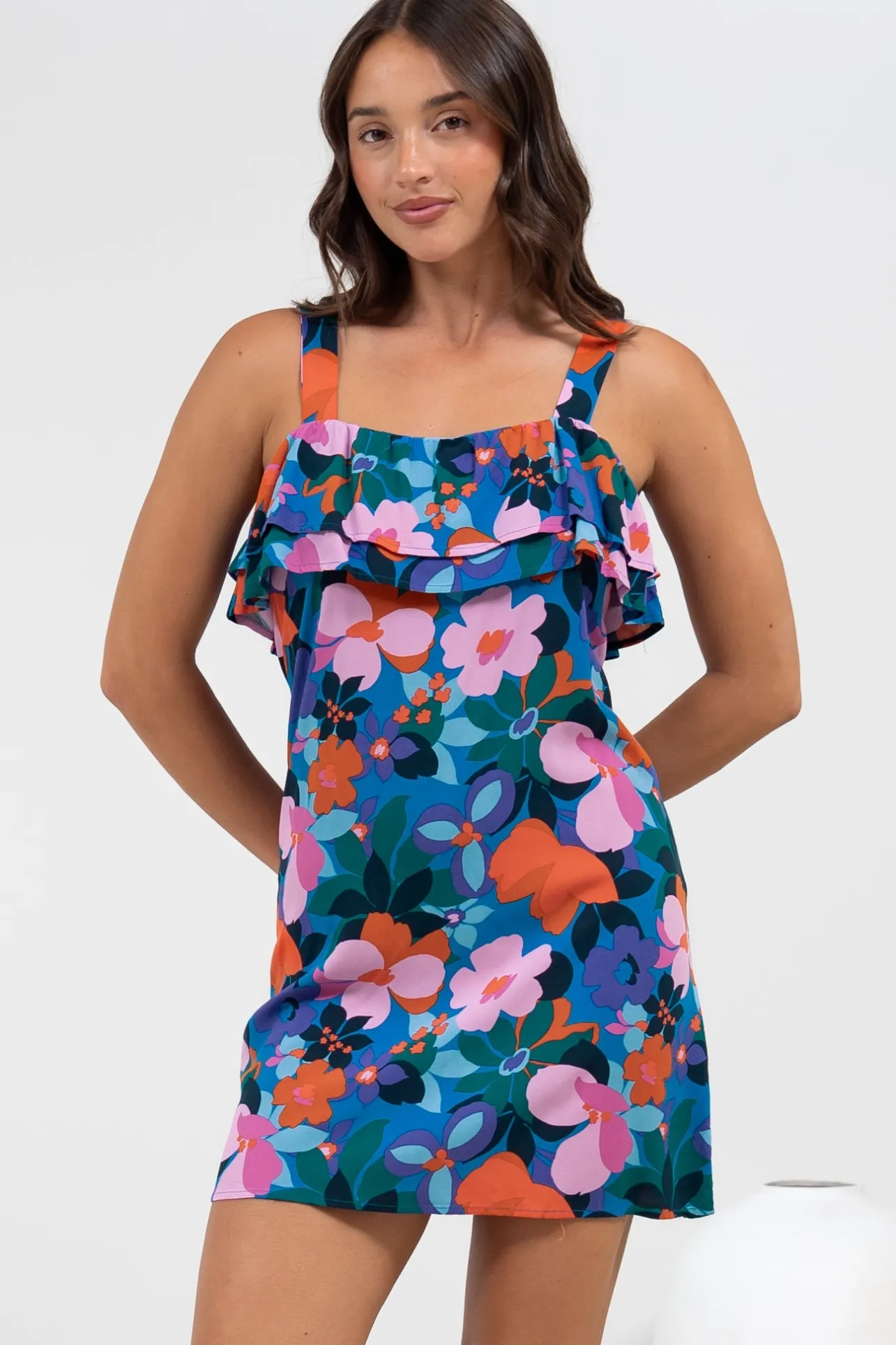Brinley Mini Dress - Adjustable Strap Dress with Frill Layer Overlay on Bodice in Florabelle Print>Salty Crush Best