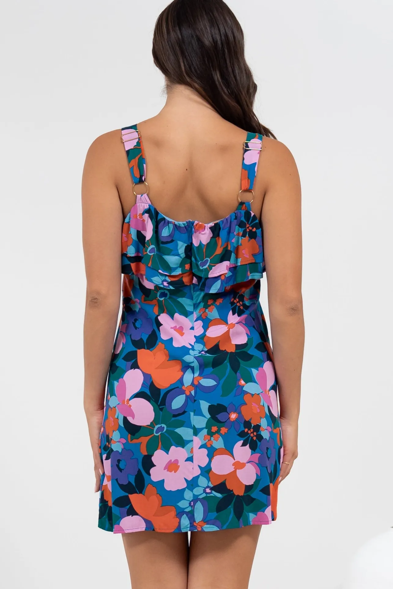 Brinley Mini Dress - Adjustable Strap Dress with Frill Layer Overlay on Bodice in Florabelle Print>Salty Crush Best