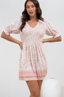Brissa Mini Dress - V-Neck Shirred Bodice Balloon Sleeve Dress in Narelle Print><noscript><img width=