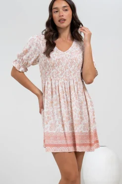 Brissa Mini Dress - V-Neck Shirred Bodice Balloon Sleeve Dress in Narelle Print><noscript><img width=