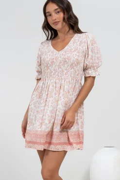 Brissa Mini Dress - V-Neck Shirred Bodice Balloon Sleeve Dress in Narelle Print><noscript><img width=