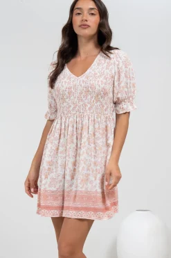 Brissa Mini Dress - V-Neck Shirred Bodice Balloon Sleeve Dress in Narelle Print><noscript><img width=