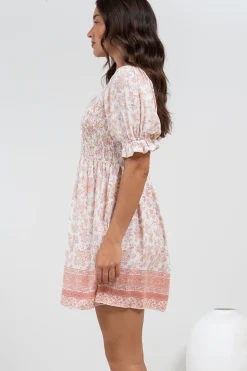 Brissa Mini Dress - V-Neck Shirred Bodice Balloon Sleeve Dress in Narelle Print><noscript><img width=