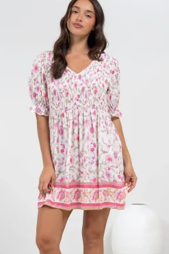 Brissa Mini Dress - V-Neck Shirred Bodice Balloon Sleeve Dress in Scarlette Print><noscript><img width=