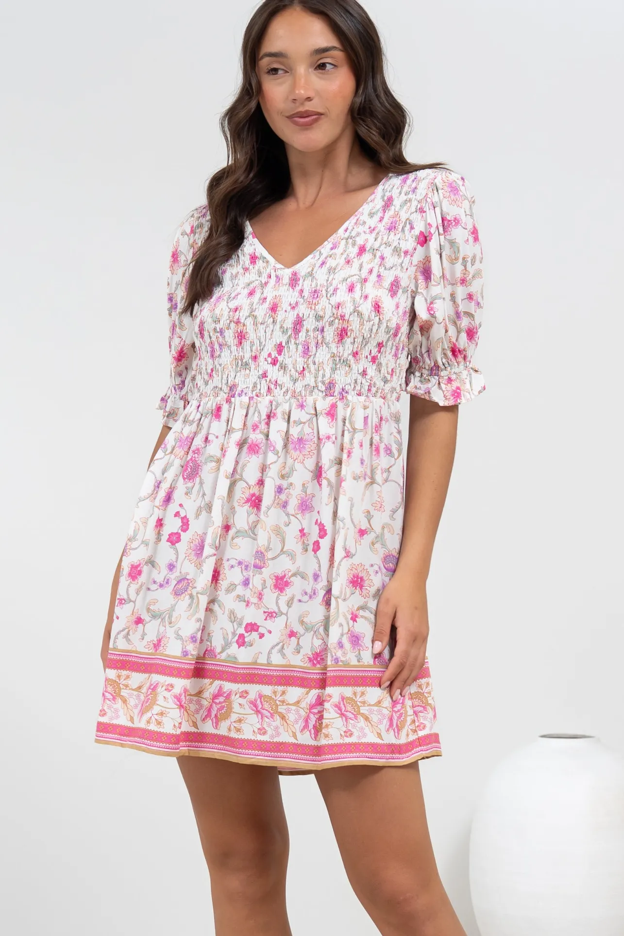 Brissa Mini Dress - V-Neck Shirred Bodice Balloon Sleeve Dress in Scarlette Print>Salty Crush Hot
