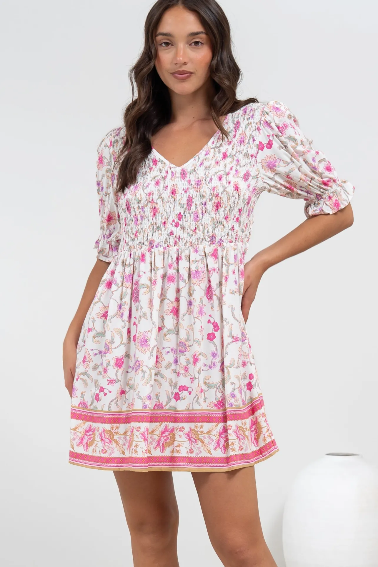 Brissa Mini Dress - V-Neck Shirred Bodice Balloon Sleeve Dress in Scarlette Print>Salty Crush Hot