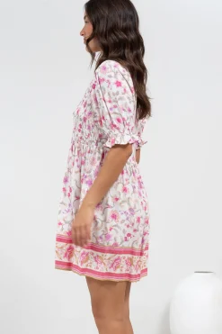 Brissa Mini Dress - V-Neck Shirred Bodice Balloon Sleeve Dress in Scarlette Print><noscript><img width=