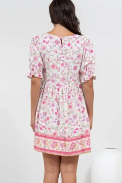 Brissa Mini Dress - V-Neck Shirred Bodice Balloon Sleeve Dress in Scarlette Print><noscript><img width=