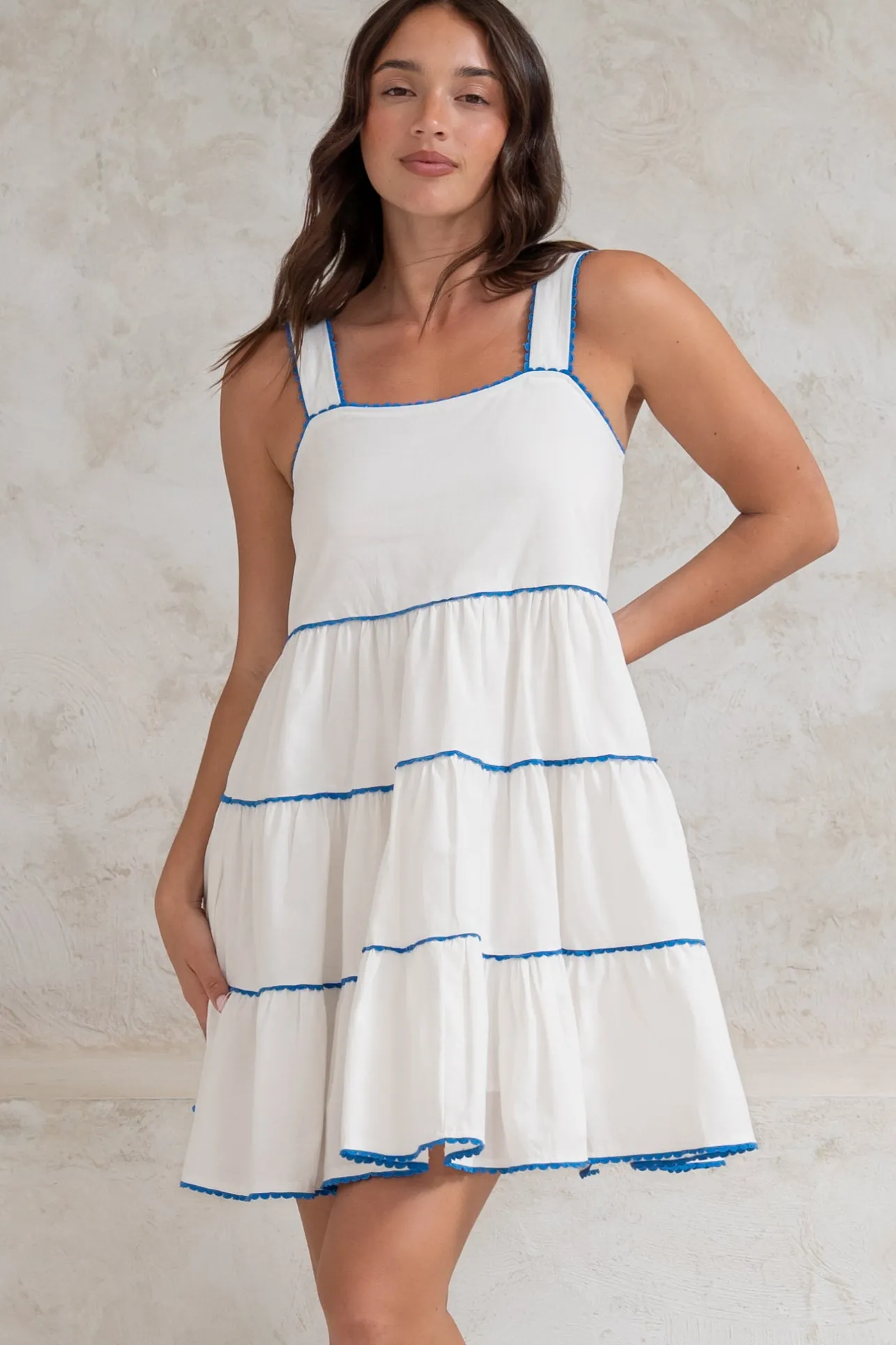 Bronte Mini Dress - Scallop Trim Tiered Sun Dress in White>Salty Crush Clearance