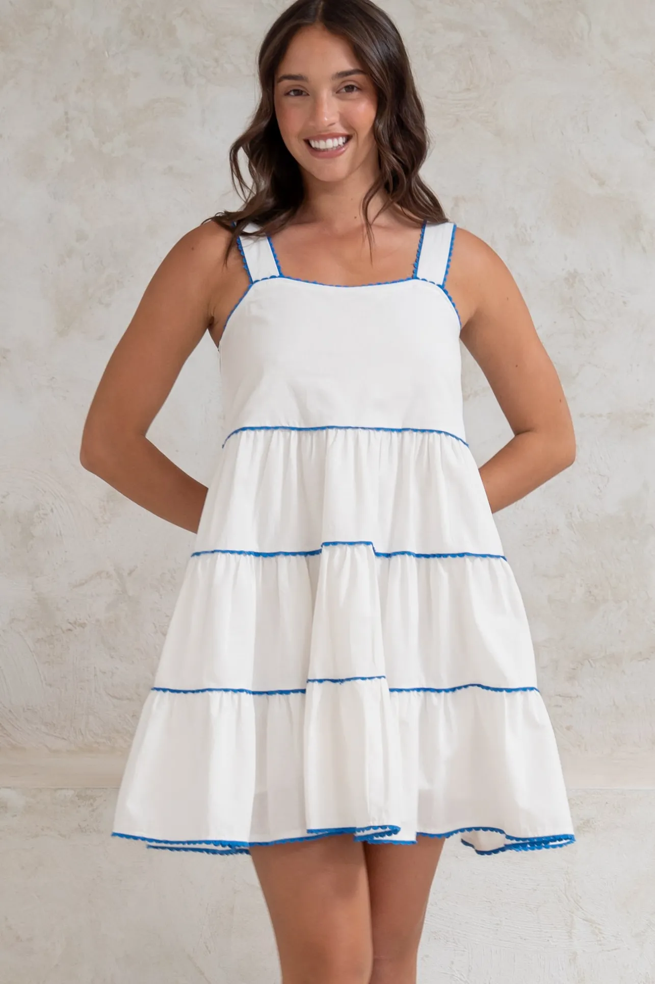 Bronte Mini Dress - Scallop Trim Tiered Sun Dress in White>Salty Crush Clearance