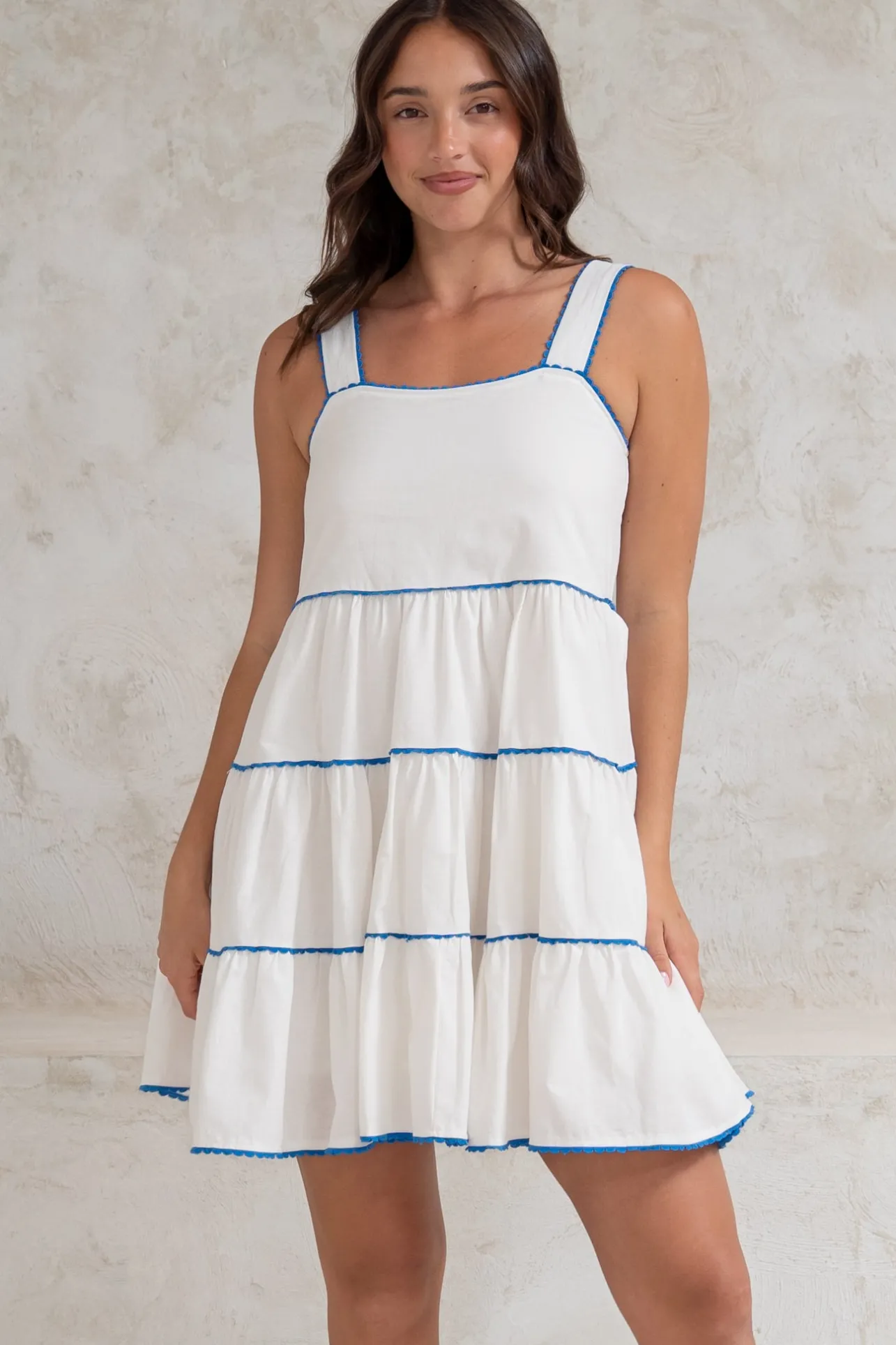 Bronte Mini Dress - Scallop Trim Tiered Sun Dress in White>Salty Crush Clearance