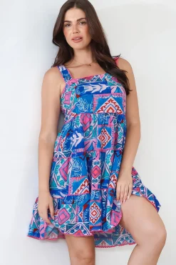 Bronte Mini Dress - Scallop Trim Tiered Sun Dress in Nelly Print>Salty Crush Hot