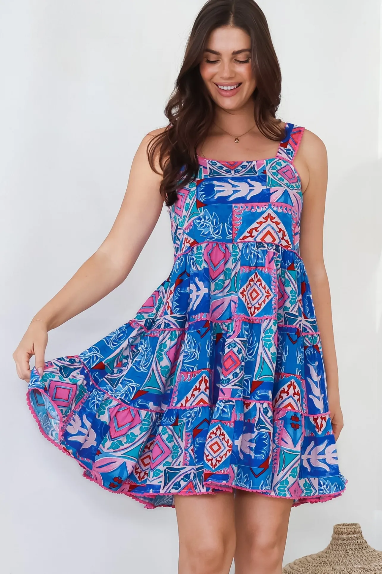Bronte Mini Dress - Scallop Trim Tiered Sun Dress in Nelly Print>Salty Crush Hot