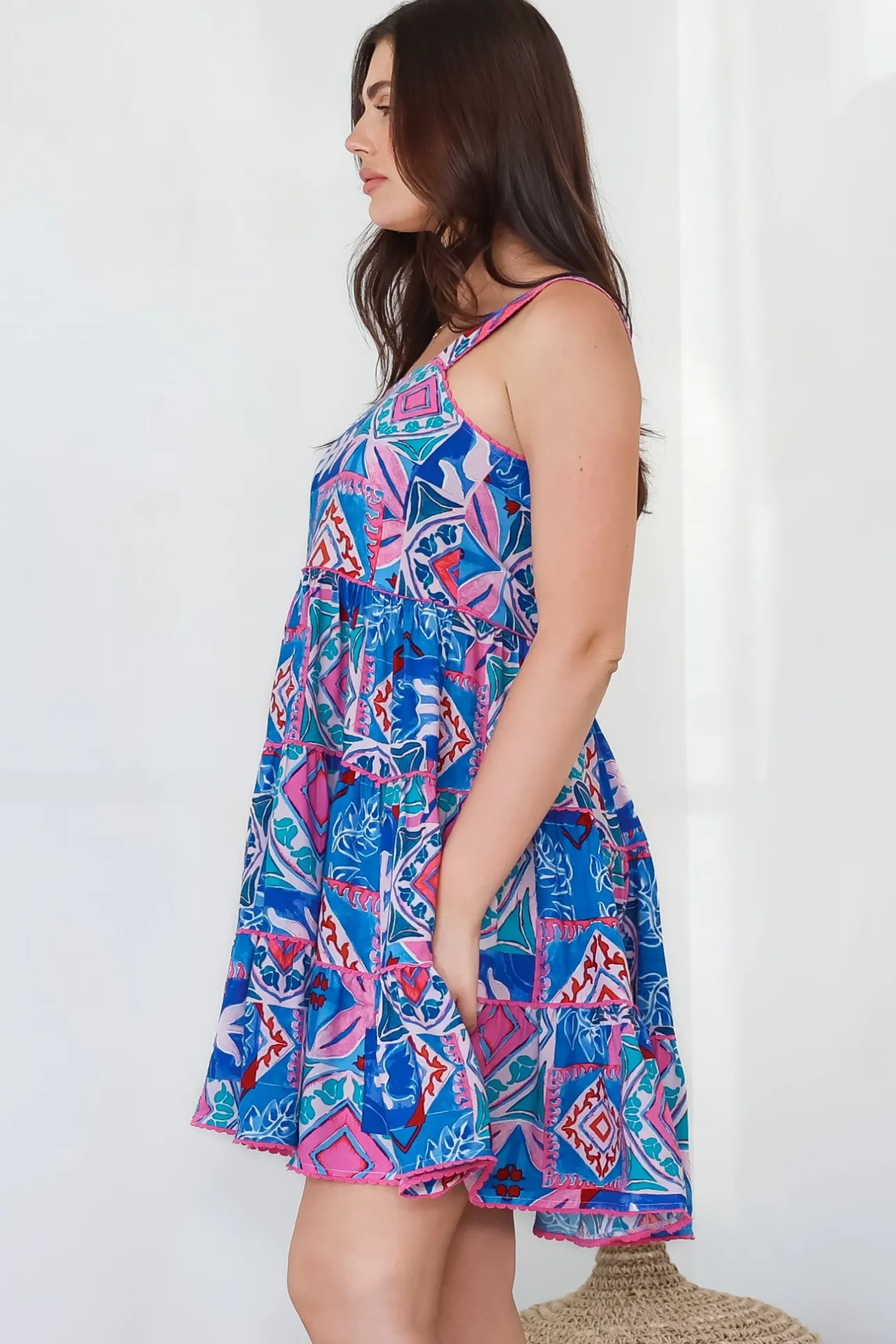 Bronte Mini Dress - Scallop Trim Tiered Sun Dress in Nelly Print>Salty Crush Hot