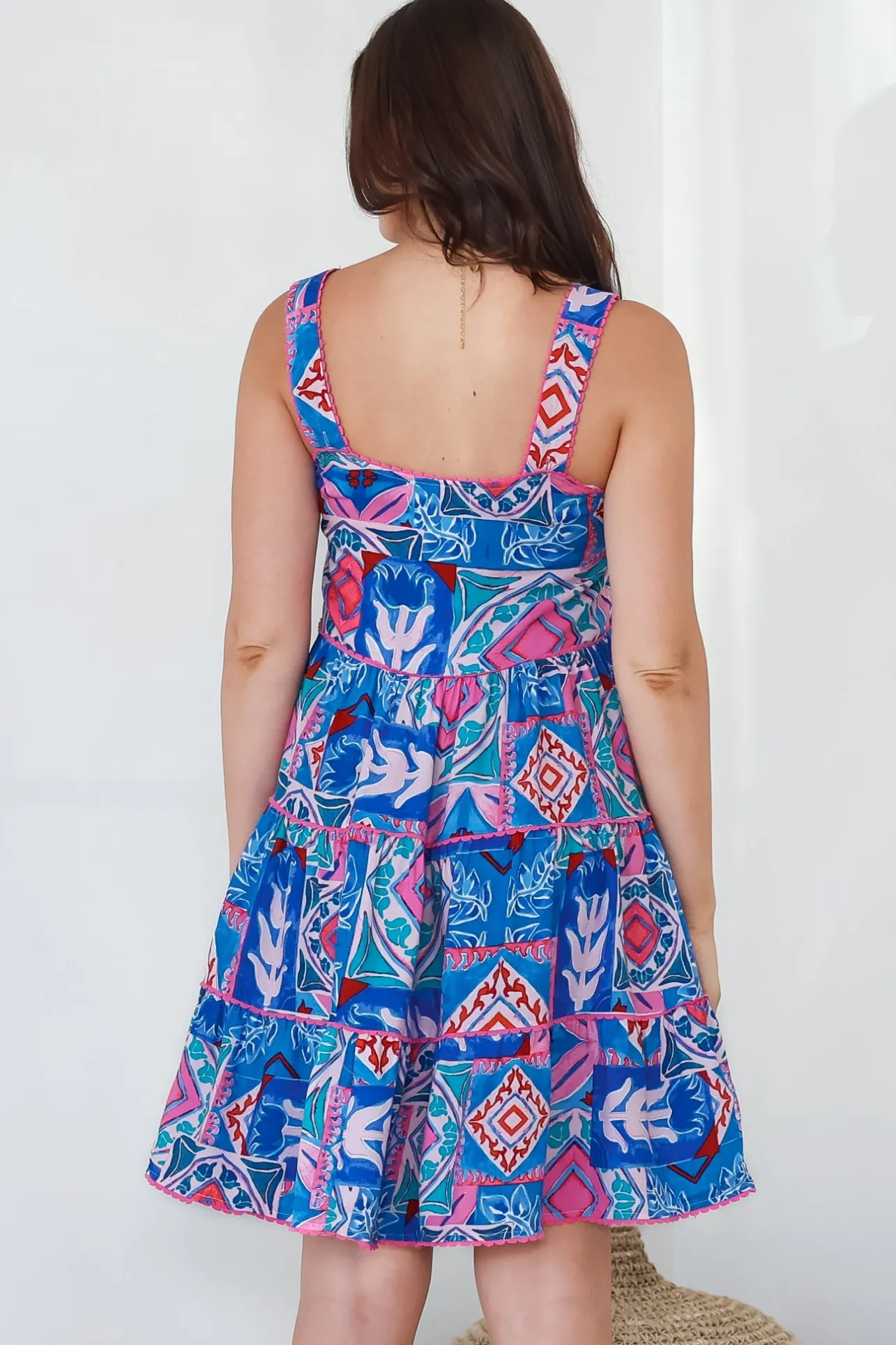 Bronte Mini Dress - Scallop Trim Tiered Sun Dress in Nelly Print>Salty Crush Hot