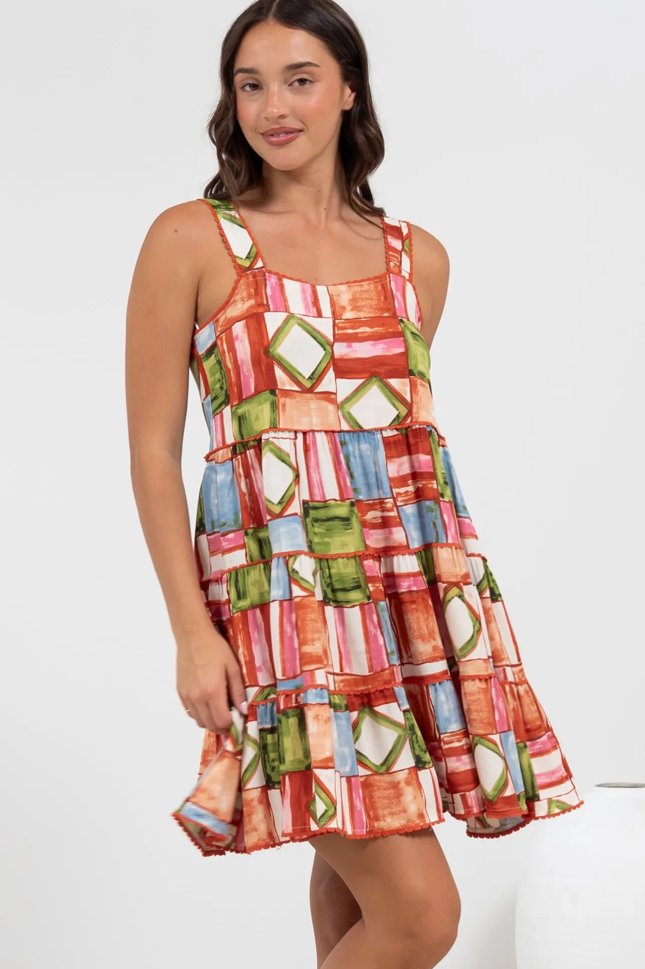 Bronte Mini Dress - Scallop Trim Tiered Sun Dress in Tami Print>Salty Crush Sale