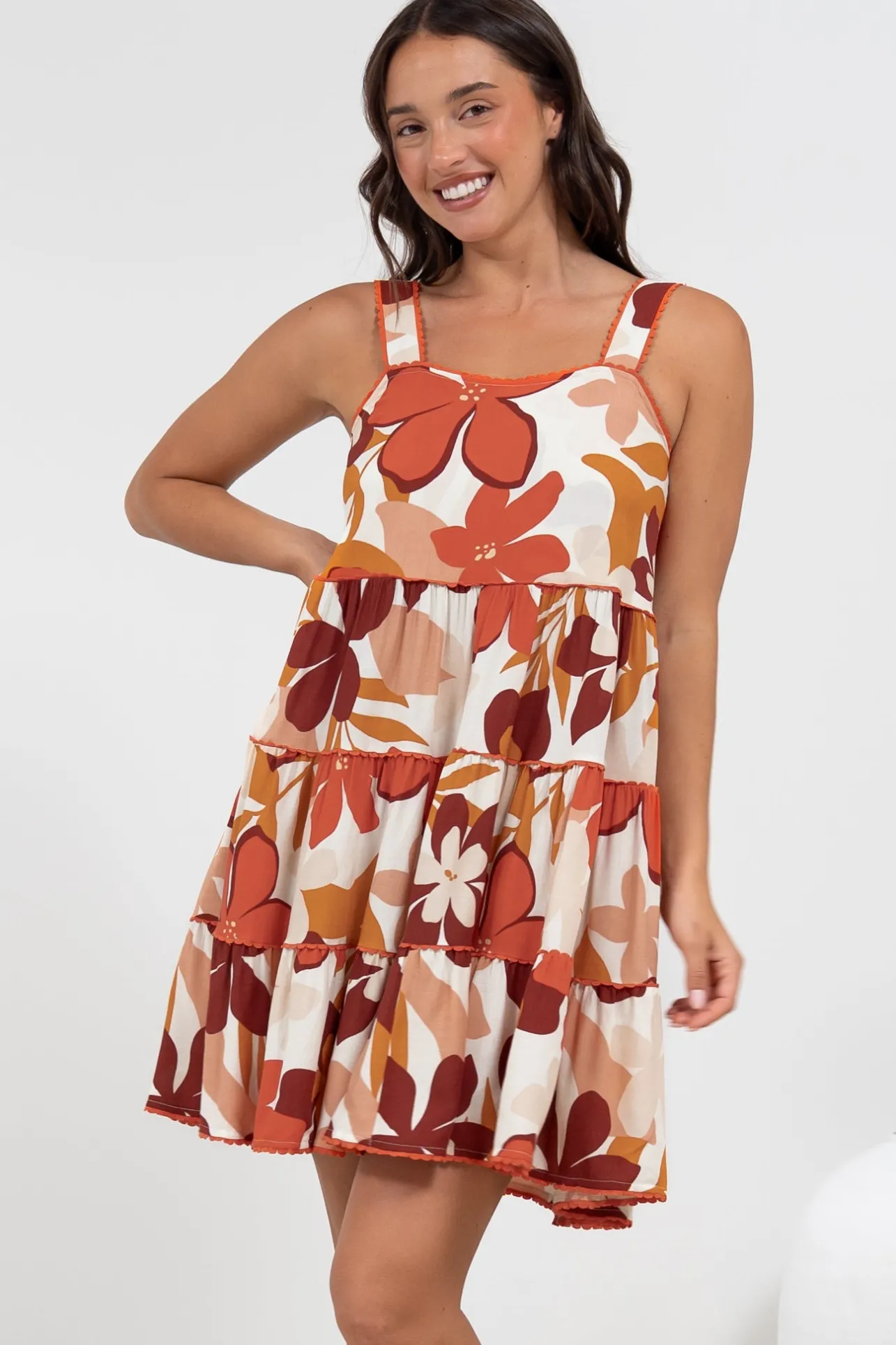 Bronte Mini Dress - Scallop Trim Tiered Sun Dress in Tangie Print>Salty Crush Best