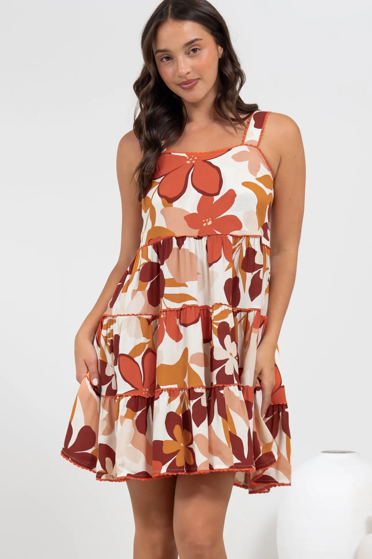 Bronte Mini Dress - Scallop Trim Tiered Sun Dress in Tangie Print>Salty Crush Best