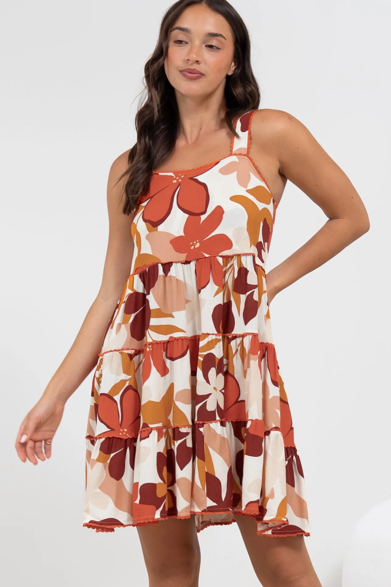 Bronte Mini Dress - Scallop Trim Tiered Sun Dress in Tangie Print>Salty Crush Best