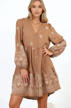 Brooke Mini Dress - Mandarin Collar Embroidered Button Down Dress with Pockets in Tan>Salty Crush New