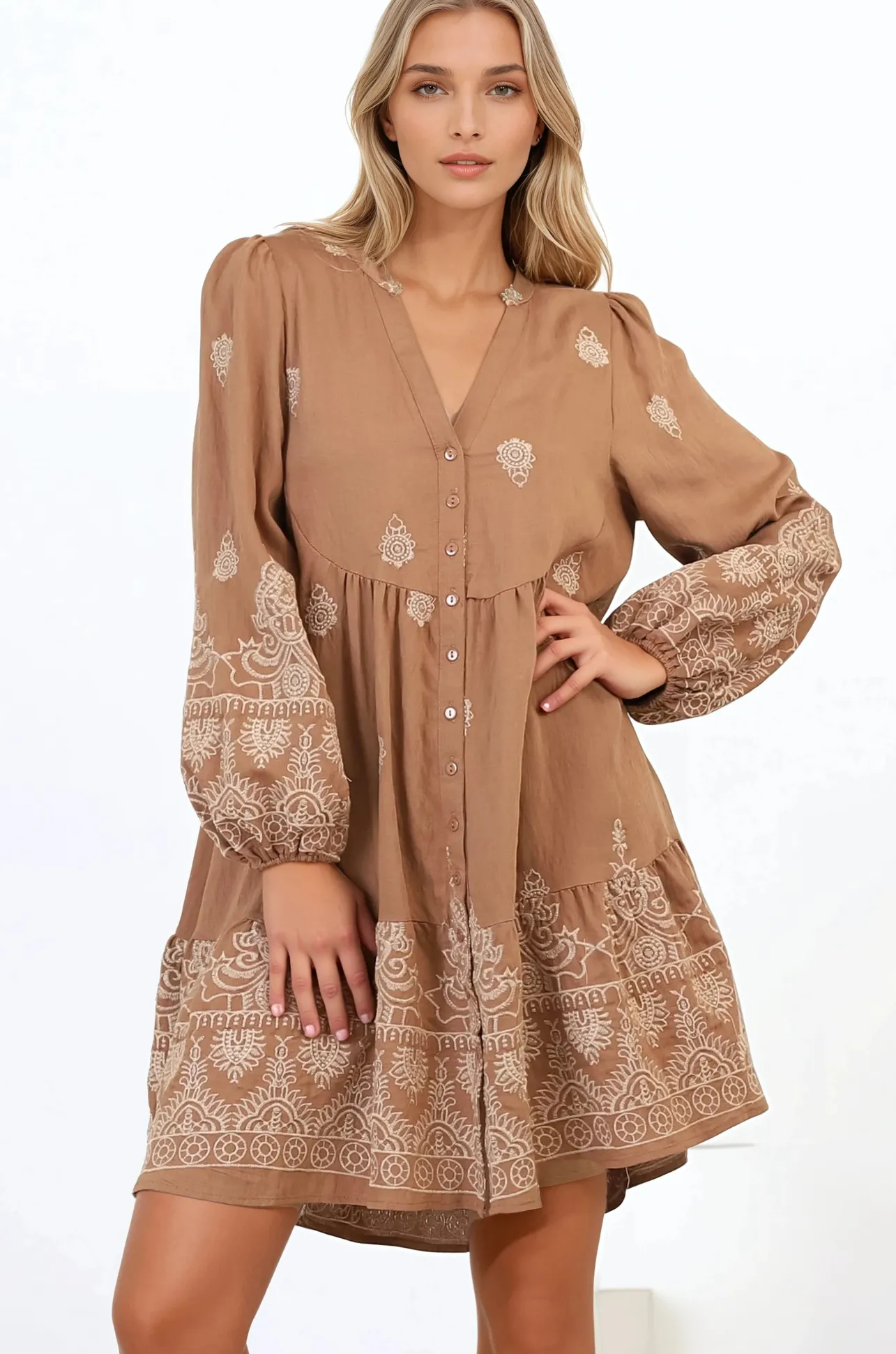 Brooke Mini Dress - Mandarin Collar Embroidered Button Down Dress with Pockets in Tan>Salty Crush New
