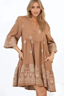 Brooke Mini Dress - Mandarin Collar Embroidered Button Down Dress with Pockets in Tan><noscript><img width=