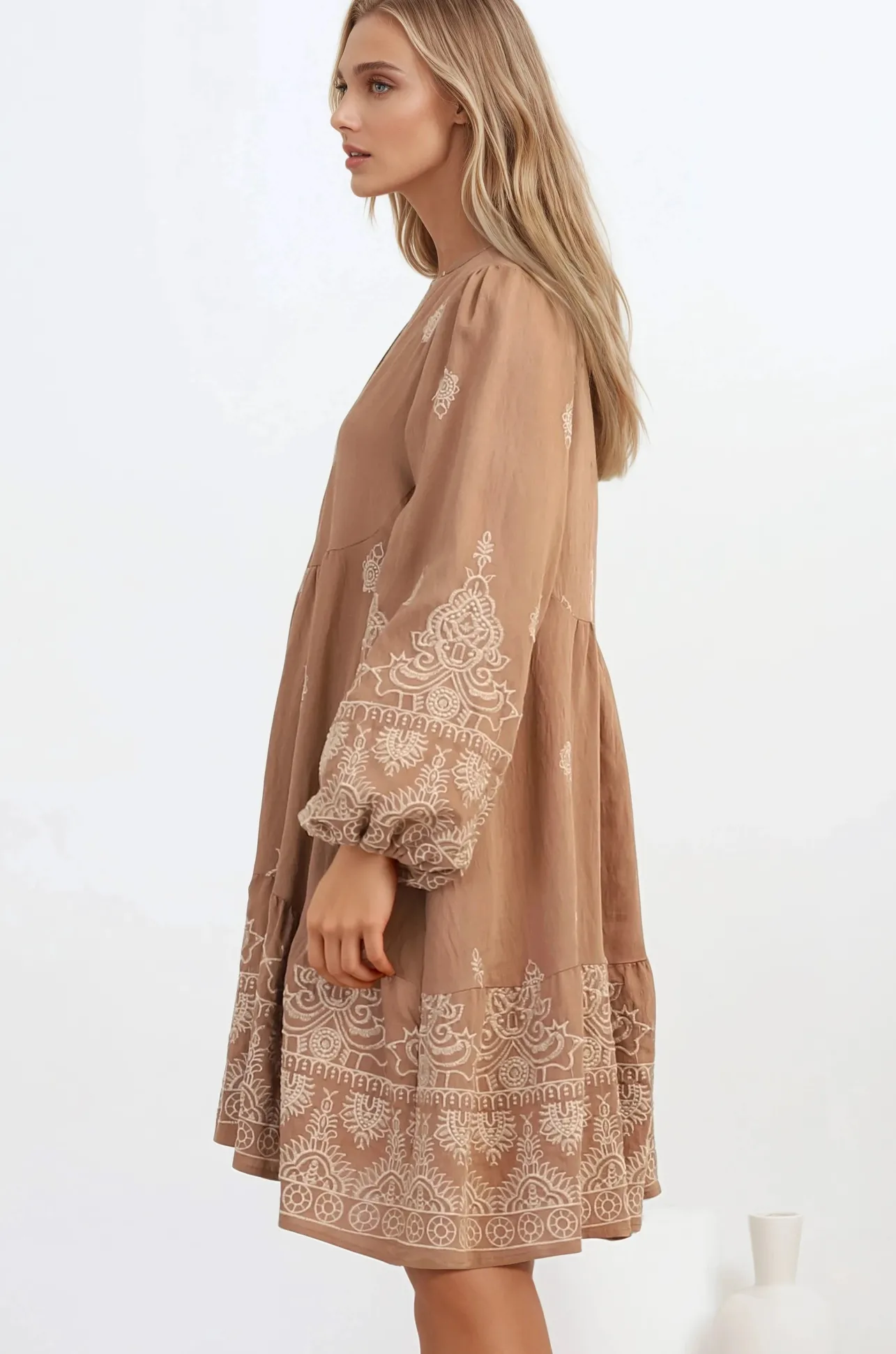 Brooke Mini Dress - Mandarin Collar Embroidered Button Down Dress with Pockets in Tan>Salty Crush New