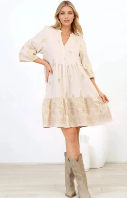 Brooke Mini Dress - Mandarin Collar Embroidered Button Down Dress with Pockets in Beige>Salty Crush New
