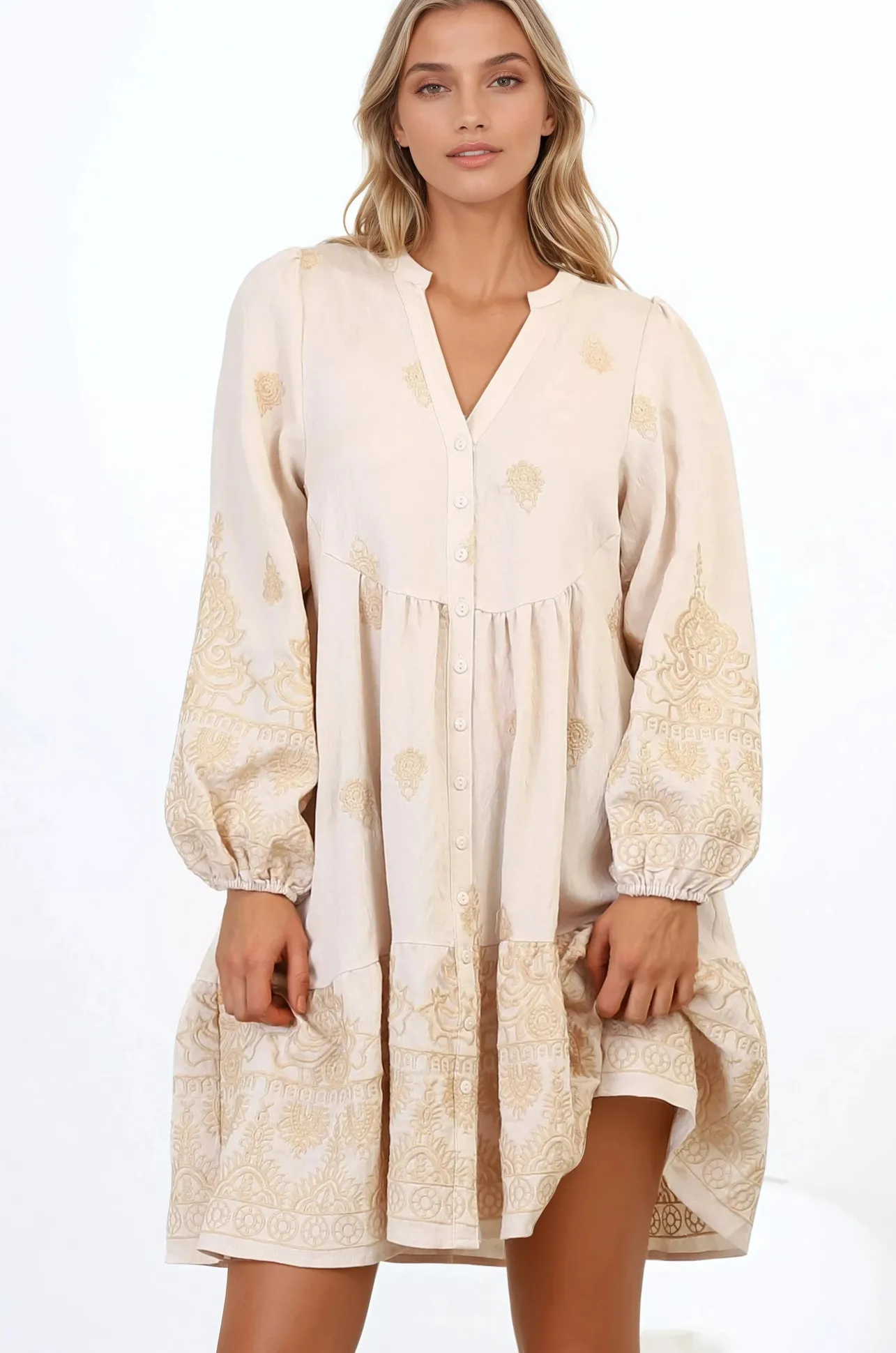 Brooke Mini Dress - Mandarin Collar Embroidered Button Down Dress with Pockets in Beige>Salty Crush New