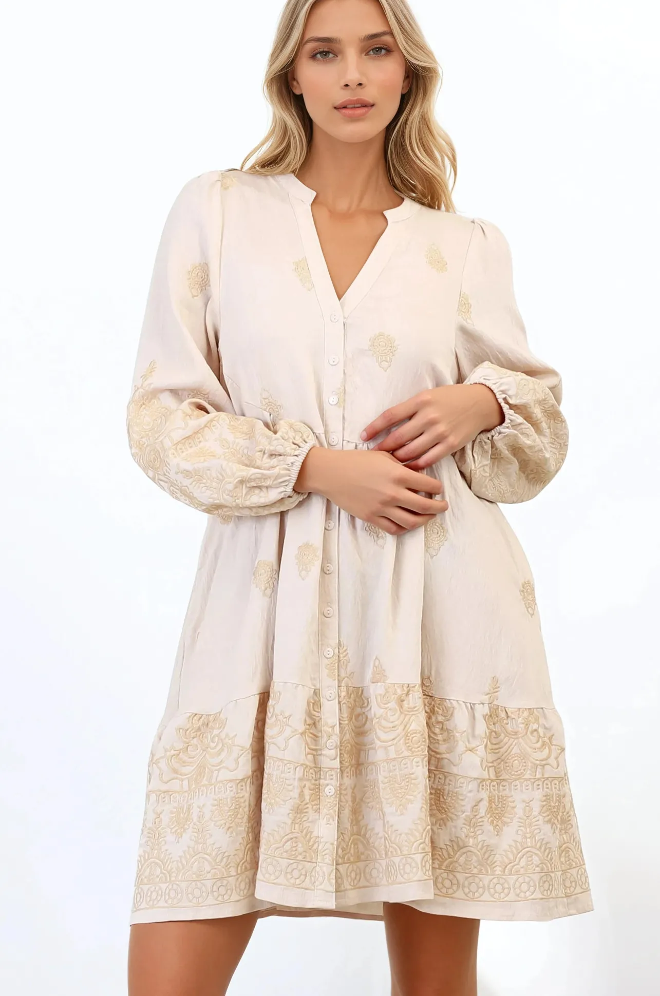 Brooke Mini Dress - Mandarin Collar Embroidered Button Down Dress with Pockets in Beige>Salty Crush New