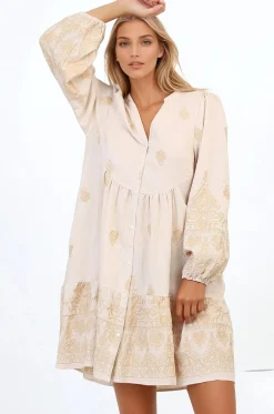 Brooke Mini Dress - Mandarin Collar Embroidered Button Down Dress with Pockets in Beige><noscript><img width=