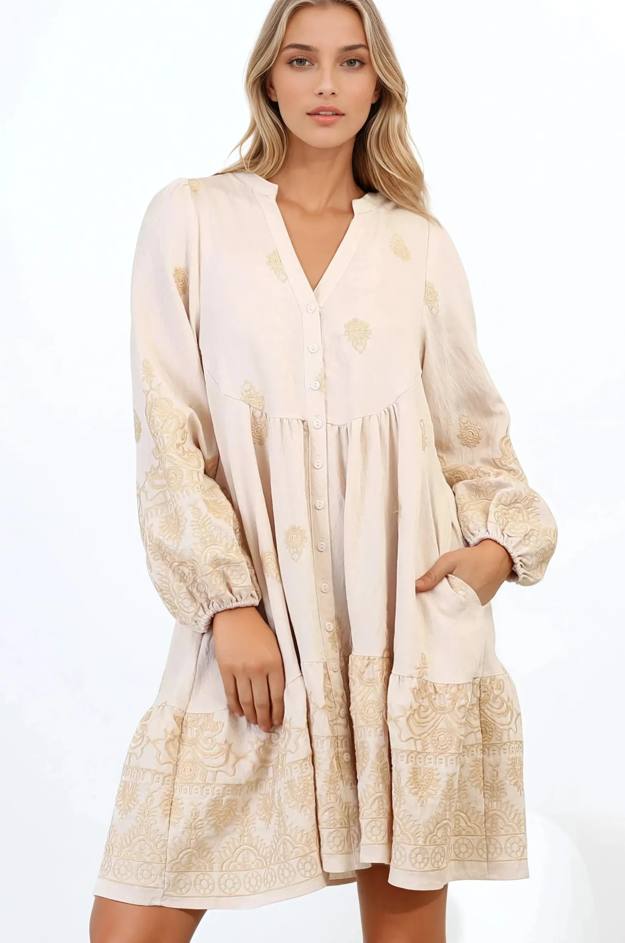 Brooke Mini Dress - Mandarin Collar Embroidered Button Down Dress with Pockets in Beige>Salty Crush New