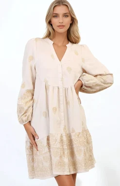 Brooke Mini Dress - Mandarin Collar Embroidered Button Down Dress with Pockets in Beige><noscript><img width=