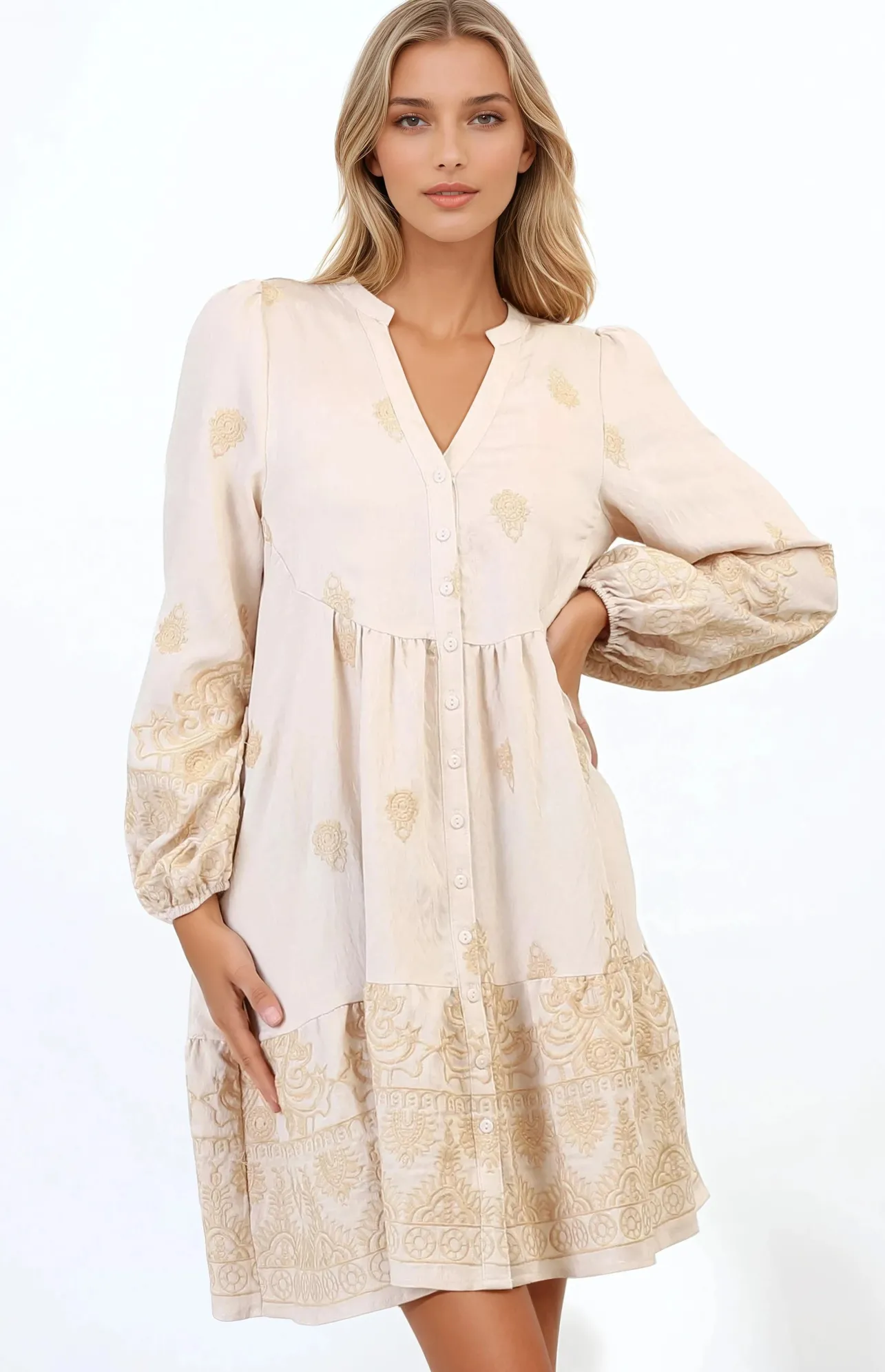 Brooke Mini Dress - Mandarin Collar Embroidered Button Down Dress with Pockets in Beige>Salty Crush New