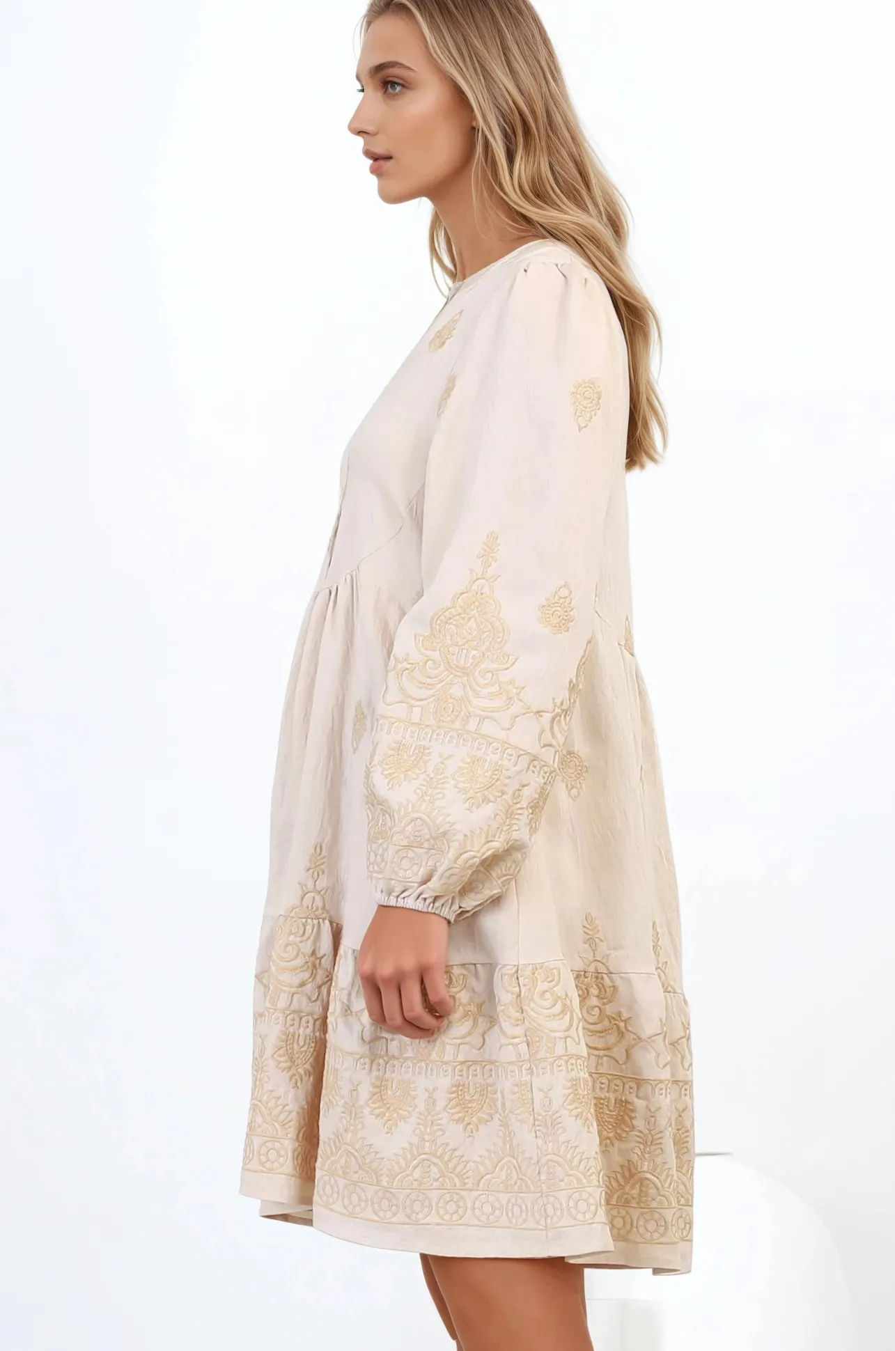 Brooke Mini Dress - Mandarin Collar Embroidered Button Down Dress with Pockets in Beige>Salty Crush New