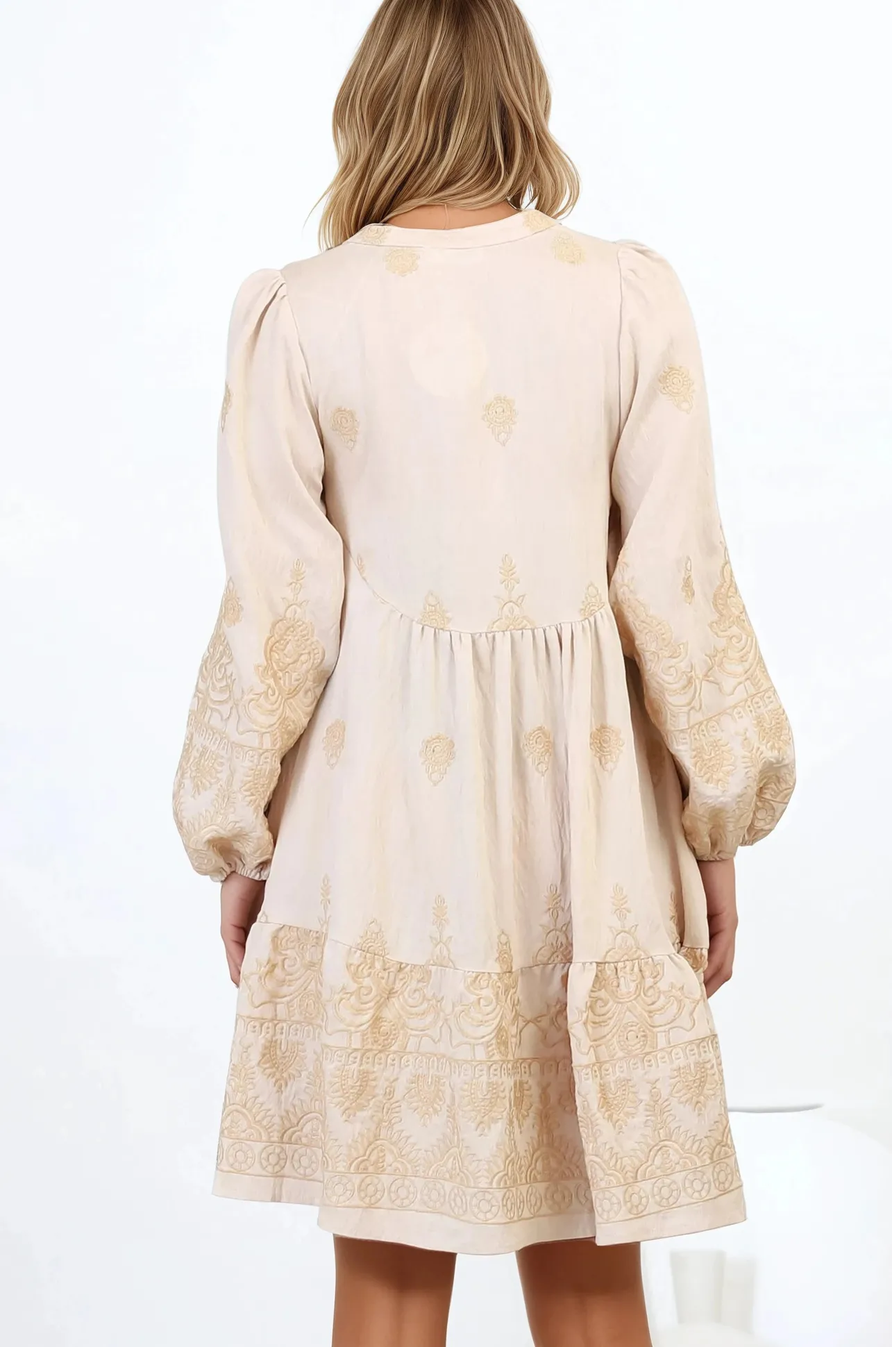 Brooke Mini Dress - Mandarin Collar Embroidered Button Down Dress with Pockets in Beige>Salty Crush New