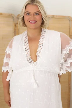 Bungalow Maxi Dress - Embroidered Lace Deep V Neck Dress with Open Batwing Sleeves in White><noscript><img width=