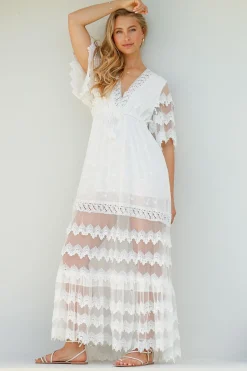Bungalow Maxi Dress - Embroidered Lace Deep V Neck Dress with Open Batwing Sleeves in White><noscript><img width=