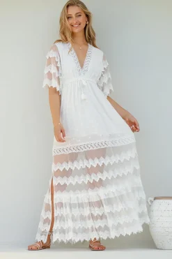 Bungalow Maxi Dress - Embroidered Lace Deep V Neck Dress with Open Batwing Sleeves in White><noscript><img width=