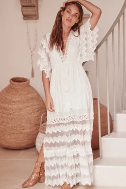 Bungalow Maxi Dress - Embroidered Lace Deep V Neck Dress with Open Batwing Sleeves in White><noscript><img width=