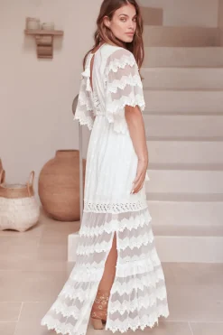 Bungalow Maxi Dress - Embroidered Lace Deep V Neck Dress with Open Batwing Sleeves in White><noscript><img width=