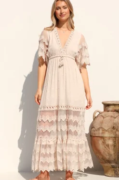 Bungalow Maxi Dress - Embroidered Lace Deep V Neck Dress with Open Batwing Sleeves in Sand>Jaase Discount